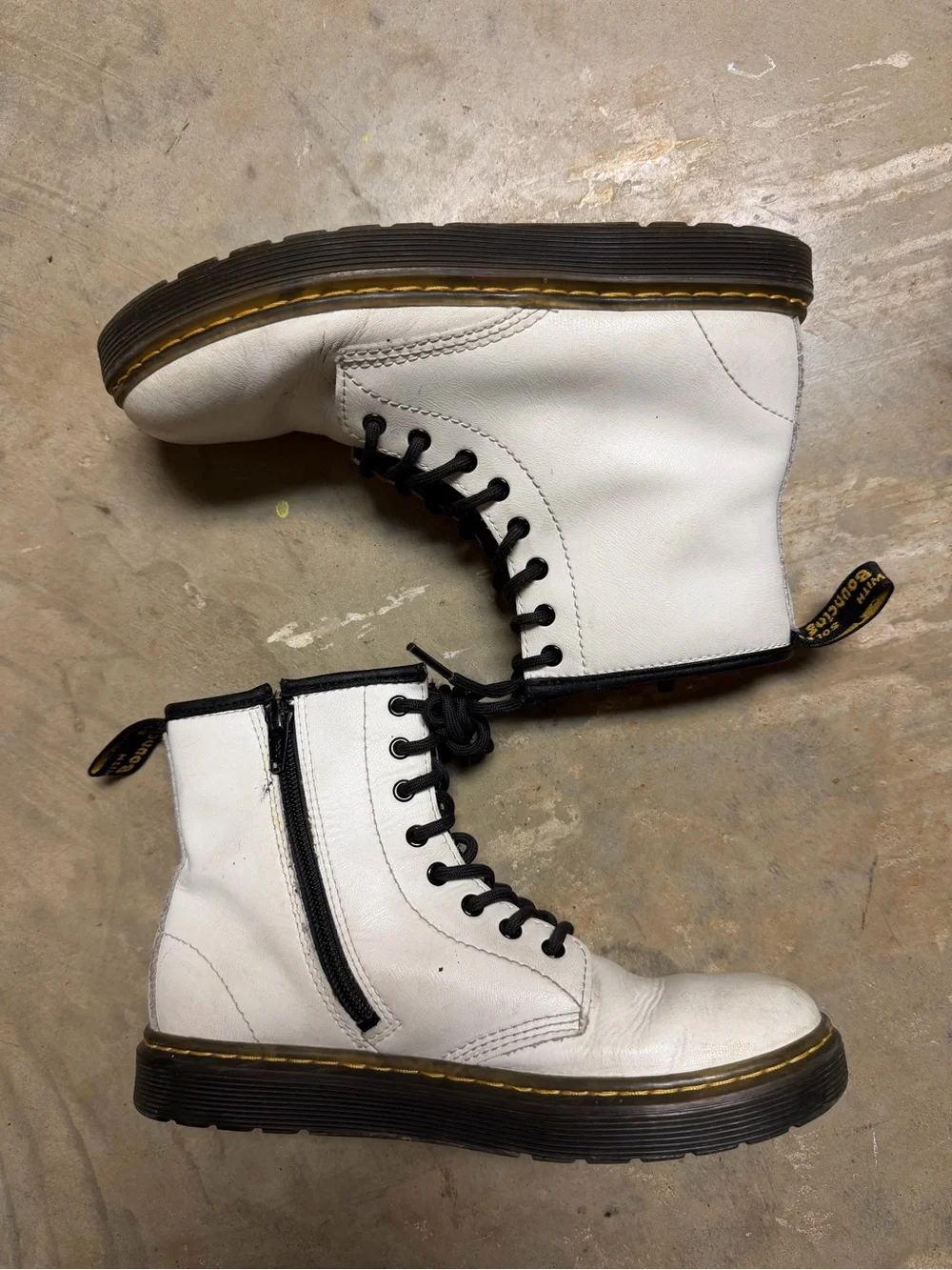 Dr. Martens White Leather Kids Combat Boots with Black Trim